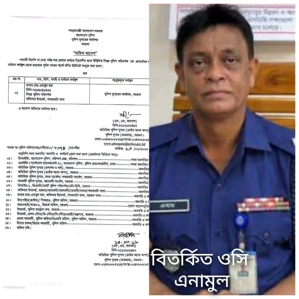 পাথরঘাটা থানার বিতর্কিত ওসি ক্লোজ